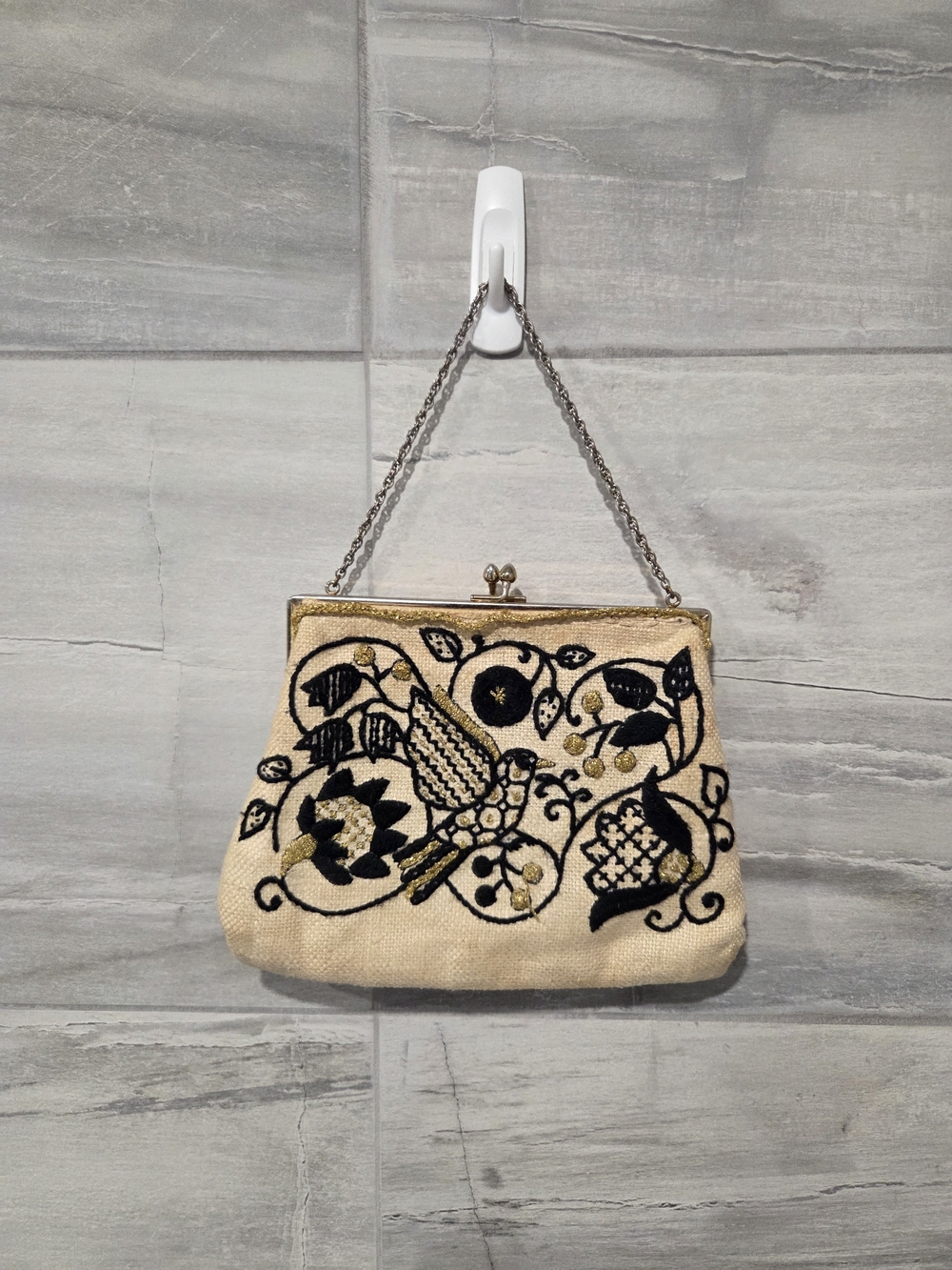 Beaded Embroidered Cream Evening Bag with Black and Gold Accents